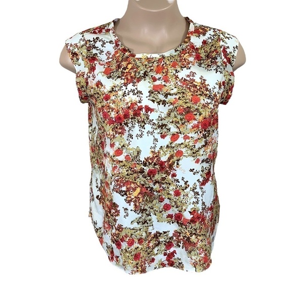 Large Floral Orange Brick Red Joe Fresh Short Sleeve Blouse Lightweight - Picture 1 of 7